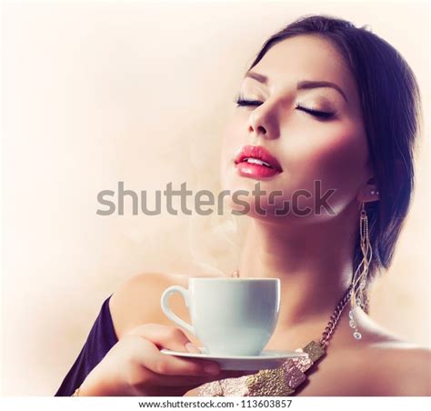 Coffee Beautiful Girl Drinking Tea Coffee Stock Photo 113603857