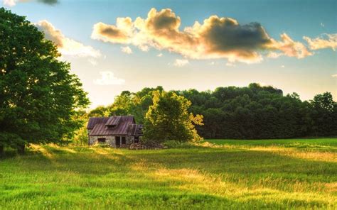 Nature Clouds Grass Cabin Trees Wallpaper Coolwallpapersme