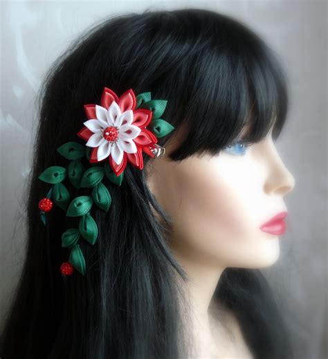 Kanzashi Fabric Flower Hair Clip With Falls Red White And Etsy