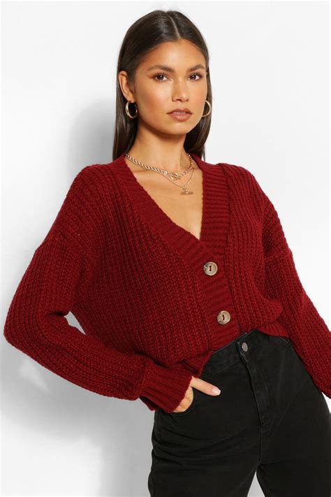 Chunky Knit Cropped Cardigan Boohoo Cropped Cardigan Outfit Red