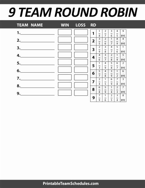 9 Team Schedule Template New Printable 9 Team Round Robin