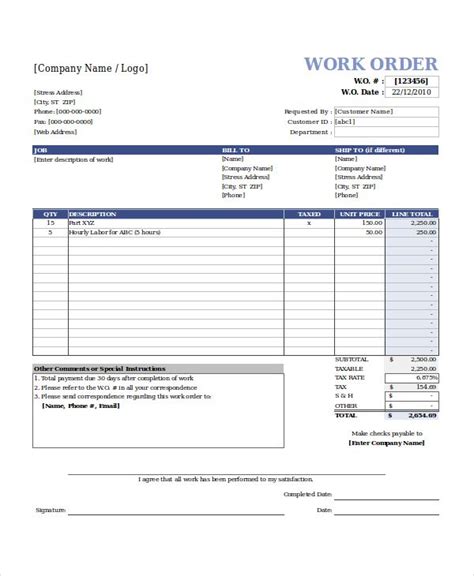 Excel Work Order Template 9 Free Excel Document Downloads