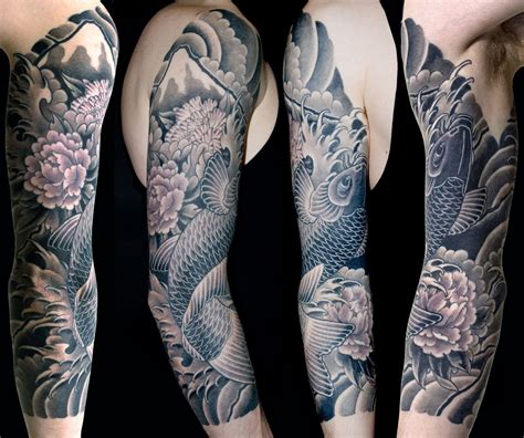 Black Grey Flowers Japanese Koi Sleeve Tattoo Slave To The Needle