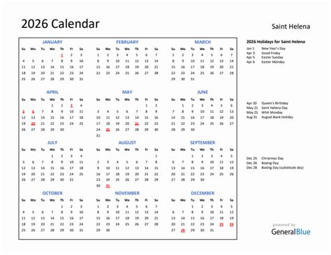 2026 Calendar With Holidays For Saint Helena