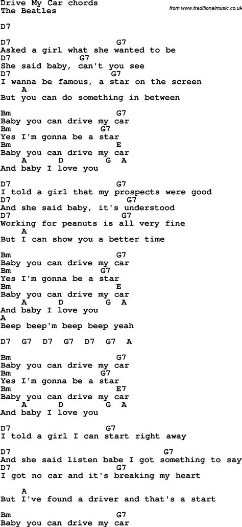 Comment must not exceed 1000 characters. Song lyrics with guitar chords for Drive My Car - The Beatles