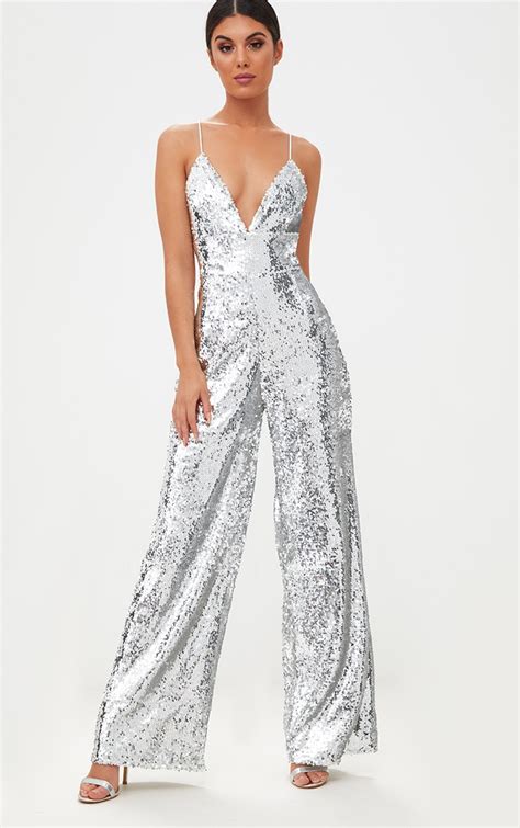 Silver Sequin Plunge Jumpsuit Prettylittlething Usa