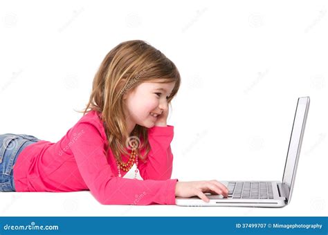 Smiling Young Girl Typing On Laptop Stock Image Image Of Girl