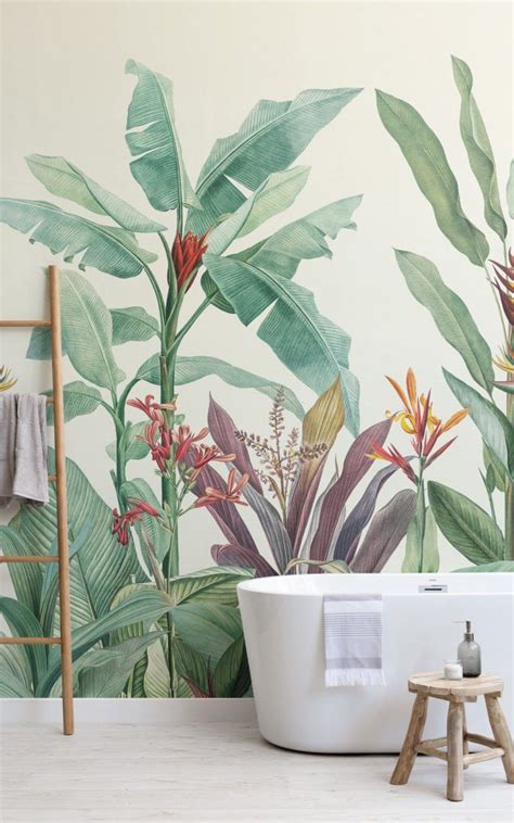 Nature printed wallpaper is a very popular pick for bathrooms. Tropical Oasis Wallpaper | Vintage Design ...