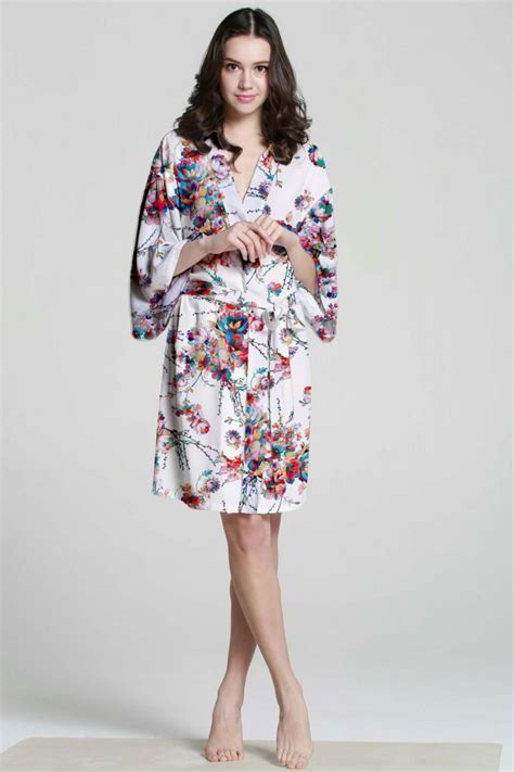 F07187 White Cotton Robe Floral Silk Robe Plus Size Bath Robe Dressing Gown For Women Kimono