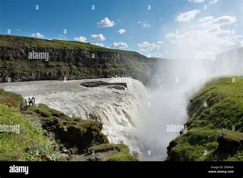 Large Waterfall Gullfoss Hvítá River With Spray And Rainbow Golden