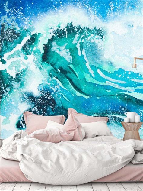 Removable Wallpaper Mural Peel And Stick Watercolor Painting Sea Wave