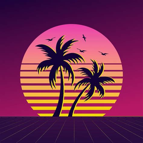 premium vector classic retro 80s style tropical sunset with palm tree