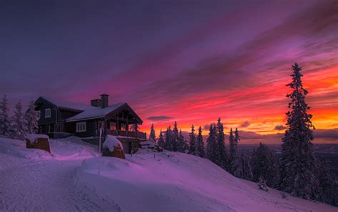 Winter Sunset Clouds Forest Cottage Snow Cold Norway Trees Red Yellow Orange White