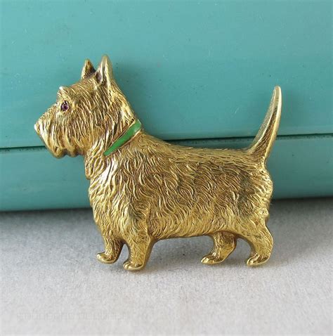 Vintage 14k Gold Scotty Dog Pin With Enameling And Ruby Eye Scottie