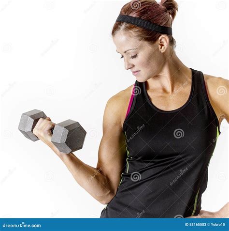 Strong Beautiful Fitness Woman Lifting Dumbbell Weights Stock Photo