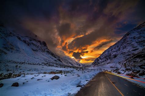 Nature Landscape Road Mountain Sunset Winter Snow Clouds Sky