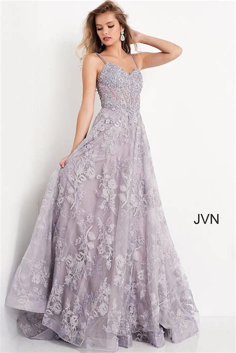 Jovani Jvn06474 Long Lace A Line Ballgown Prom Dress Glitter Corset