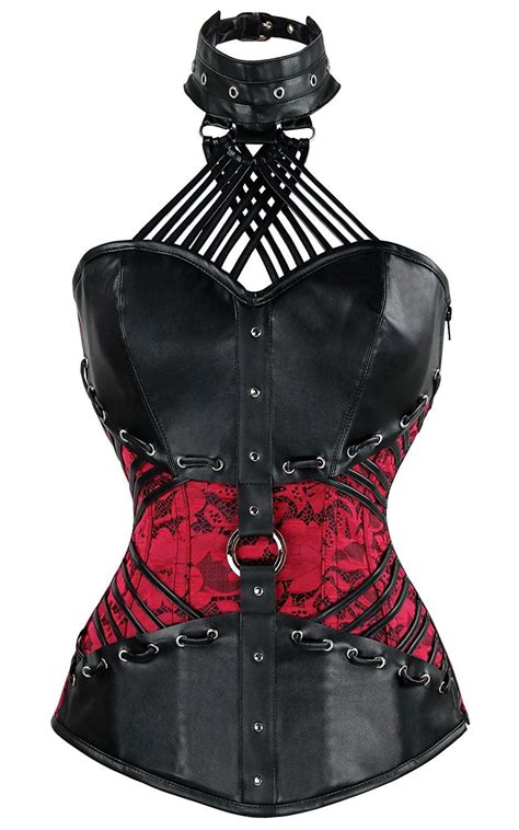 women s steampunk goth halter faux leather steel boned bustier corset black red c812mac2q0n