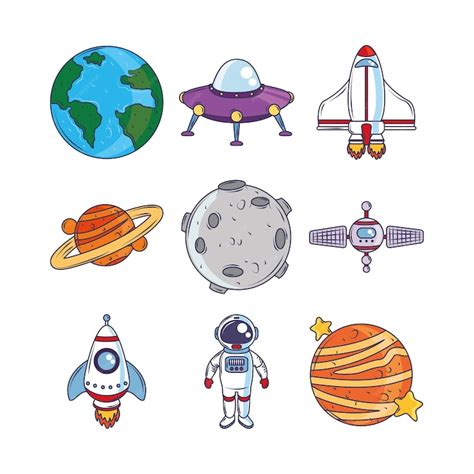 Iconos De Dibujos Animados De Espacio Galaxy Cosmos Vector Premium