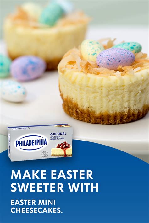 Whether you're looking for easter recipes for dessert, tips on how to set up your brunch buffet or how to make deviled eggs, follow our easter recipes guide for all your entertaining needs.find delectably creamy cream cheese easter dessert recipes.get ready for an egg hunt, to bake a holiday ham or to. PHILADELPHIA Easter Mini Cheesecakes | Kraft What's ...