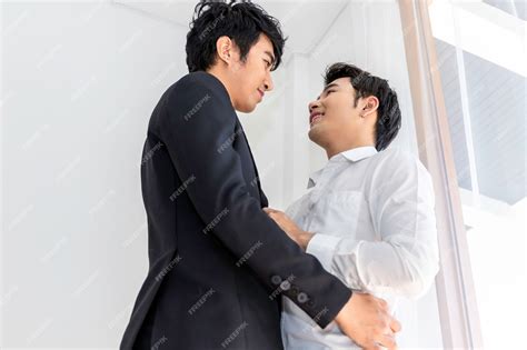 Premium Photo In The Morning Sweet Moment Of Love Asian Homosexual Couple Hug Husband Before