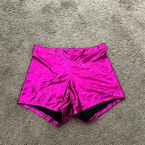 neon pink shiny booty shorts size medium worn depop