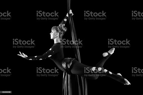 Beautiful Dancer On Aerial Silk Aerial Contortion Aerial Ribbons Stock