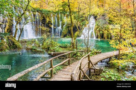 Autumn Landscape With Waterfall In Plitvice Lakes National Park