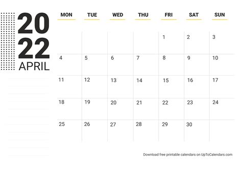 Printable April 2022 Calendar Blank Templates Free Download In Pdf