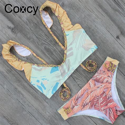 Coxcy Vintage Women Bikinis Set Ruffle Strap Swimsuit Tops Sexy High