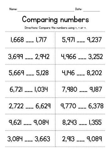 Comparing Four Digit Numbers Free Worksheets
