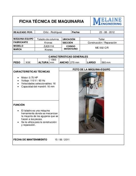 Ficha Tecnica De Maquinaria