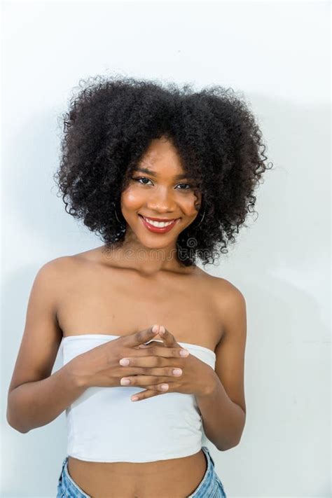 Portrait Of African American Woman With Bushy Curly Hairstyle Stock Image Image Of Happy