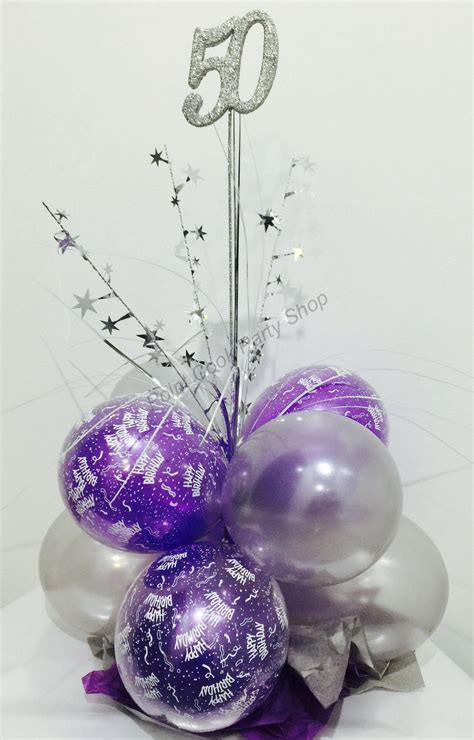 50th Birthday Balloon Table Centerpiece In Purple And Silver