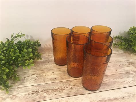 Vintage Amber Drinking Glasses Set Of 6 Textured Glass Etsy