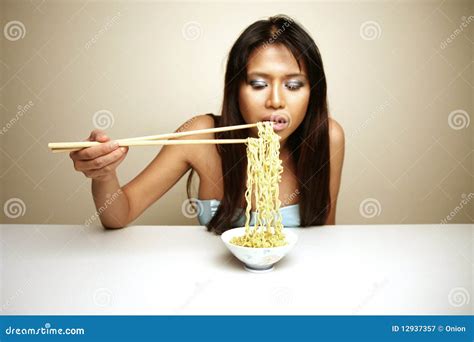 Cute Asian Woman Eating Noodles Stock Image Image Of Asia Dish