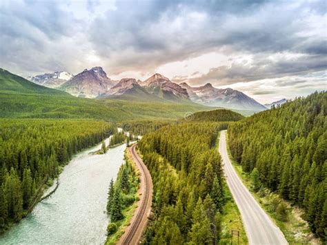 Aerial View Of Bow River Among Canadian Rockies Mountains Banff
