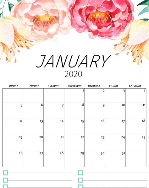 Floral Cute January 2020 Calendar January January2020