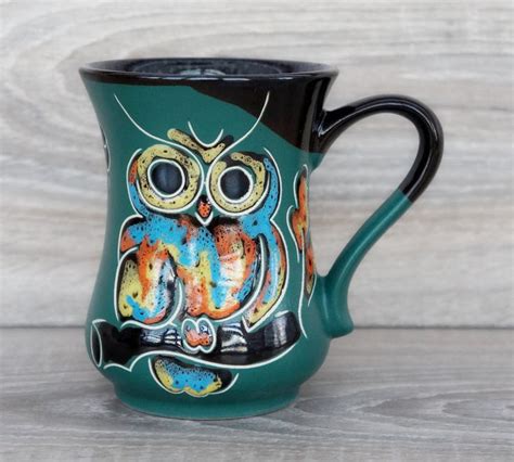 Owl Mug Ceramic Oz Green Coffee Mug Pottery Gift For Wife Etsy