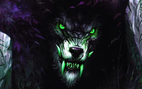 An Image Of A Wolf With Red Eyes And Fangs On Its Face In The Dark