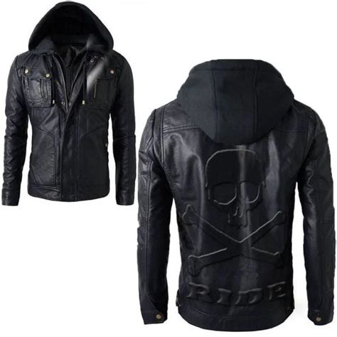 Mens Motorcycle Brando Style Hoodie Leather Jacket With Detach Hood