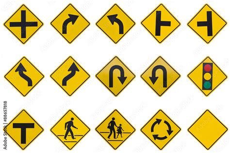 Yellow Road Signs Traffic Signs Set On White Background Stock