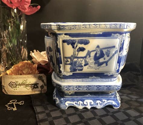 Porcelain Oriental Planter Blue And White Hand Painted Chinoiserie With