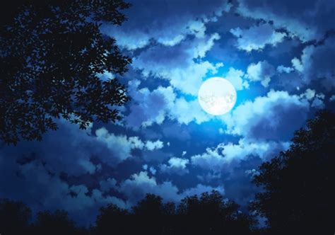 Wallpaper Anime Landscape Night Moon Clouds Trees Sky