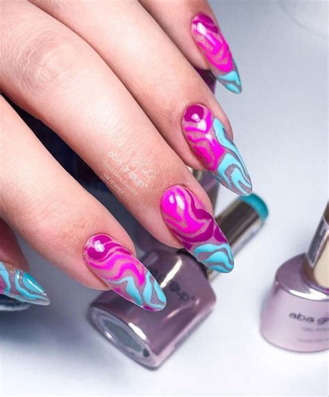 Hot Pink And Blue Nails Swirls Ribbon Design In 2022 Blue Nails Swag