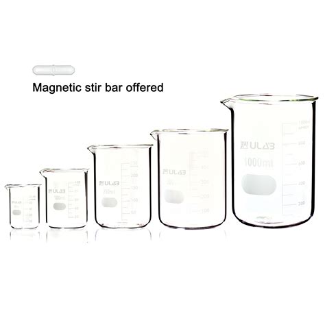 Ulab Scientific Glass Beaker Set With Magnetic Stir Bar Offered 5 Sizes 50ml 100ml 250ml 500ml