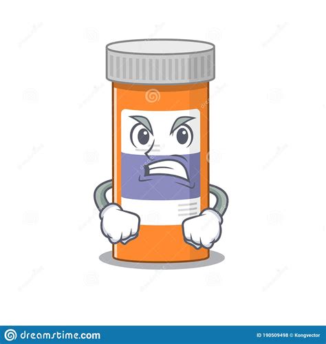 A Cartoon Picture Style Of Pills Drug Bottle Having A Mad Face Stock