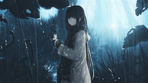 Download 1920x1080 Wallpaper Blue Eye Anime Girl Long Hair Rain