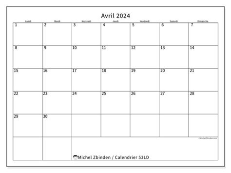 Calendrier Avril 2024 Bureau Ld Michel Zbinden Fr