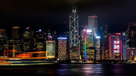 Wallpaper Hong Kong Skyscrapers Night Shore Hd Widescreen High